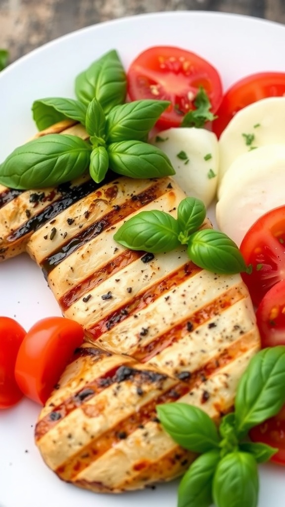Grilled chicken breast garnished with fresh herbs and served with tomatoes and mozzarella