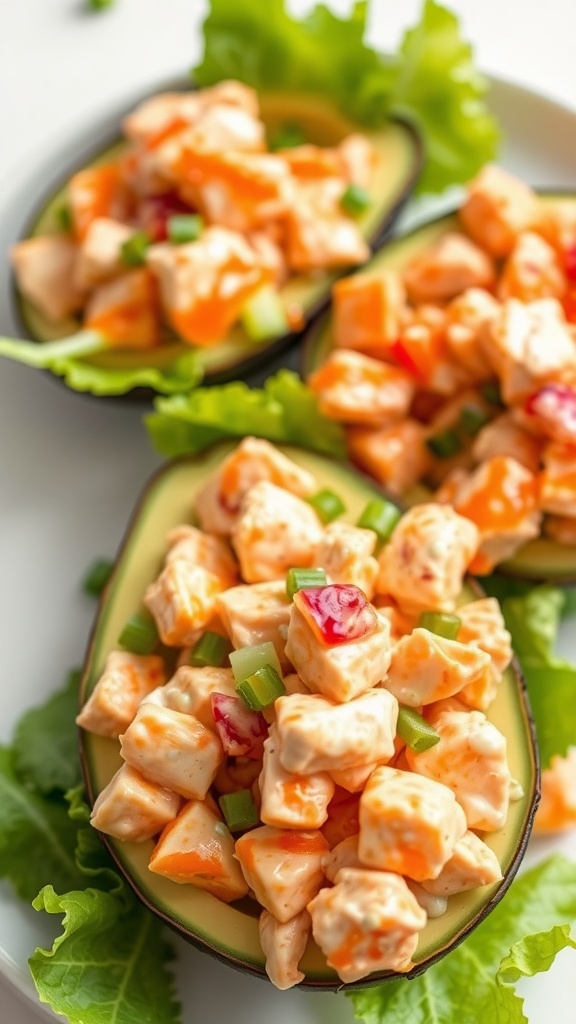 A delicious Keto Buffalo Chicken Salad served in avocado halves, featuring chicken, buffalo sauce, and colorful veggies.