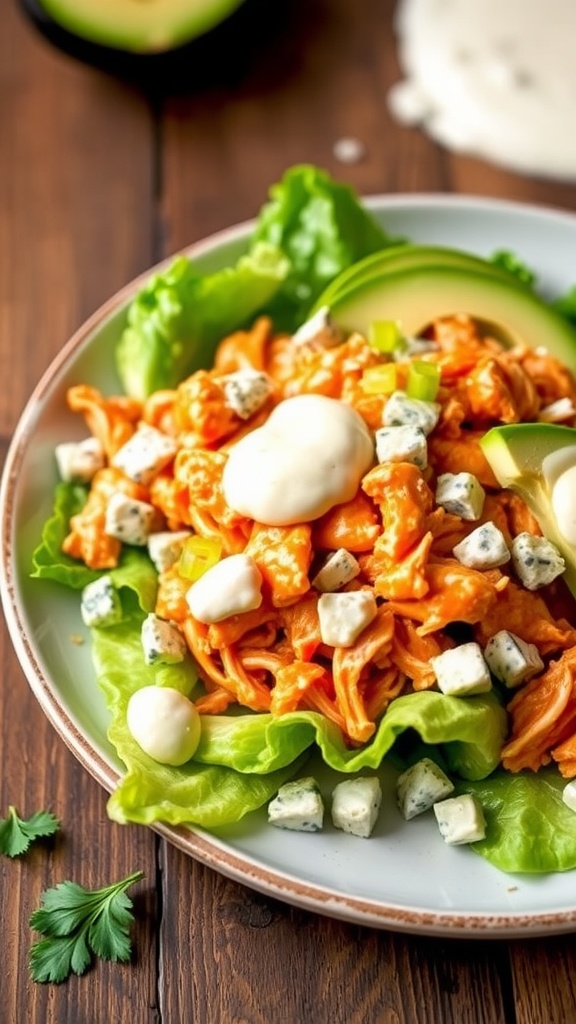 A plate of Keto Buffalo Chicken Salad with lettuce, shredded chicken, buffalo sauce, and blue cheese cubes.