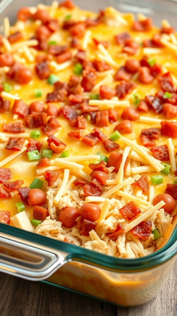 A close-up of a delicious keto chicken bacon ranch casserole topped with melted cheese, bacon bits, and green onions.