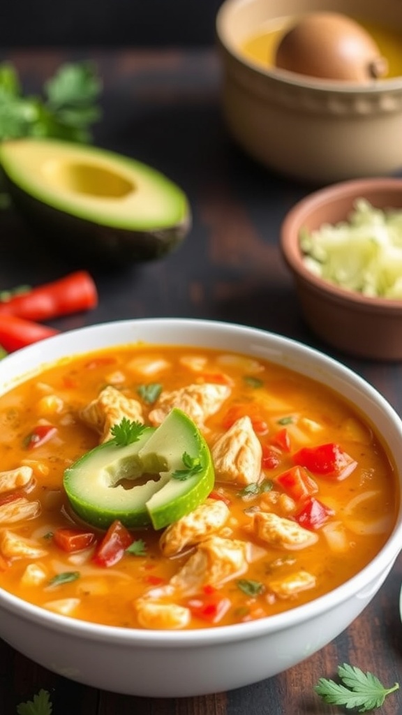 A hearty bowl of Chicken Fajita Soup garnished with avocado