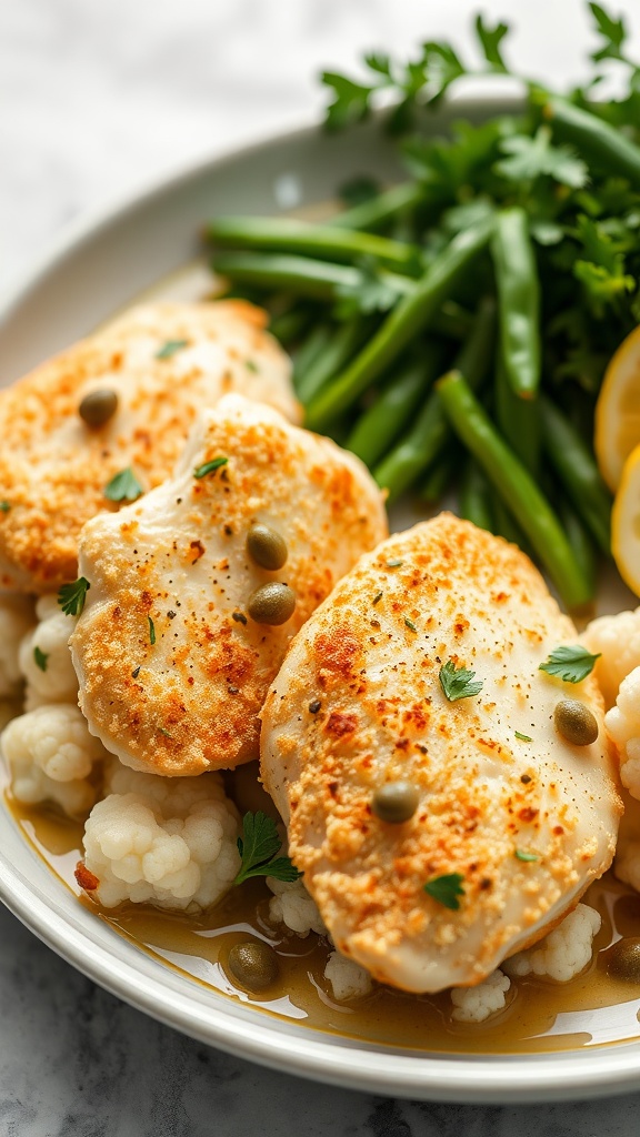 A plate of Keto Chicken Francese with chicken breasts, green beans, and cauliflower, garnished with parsley and capers.