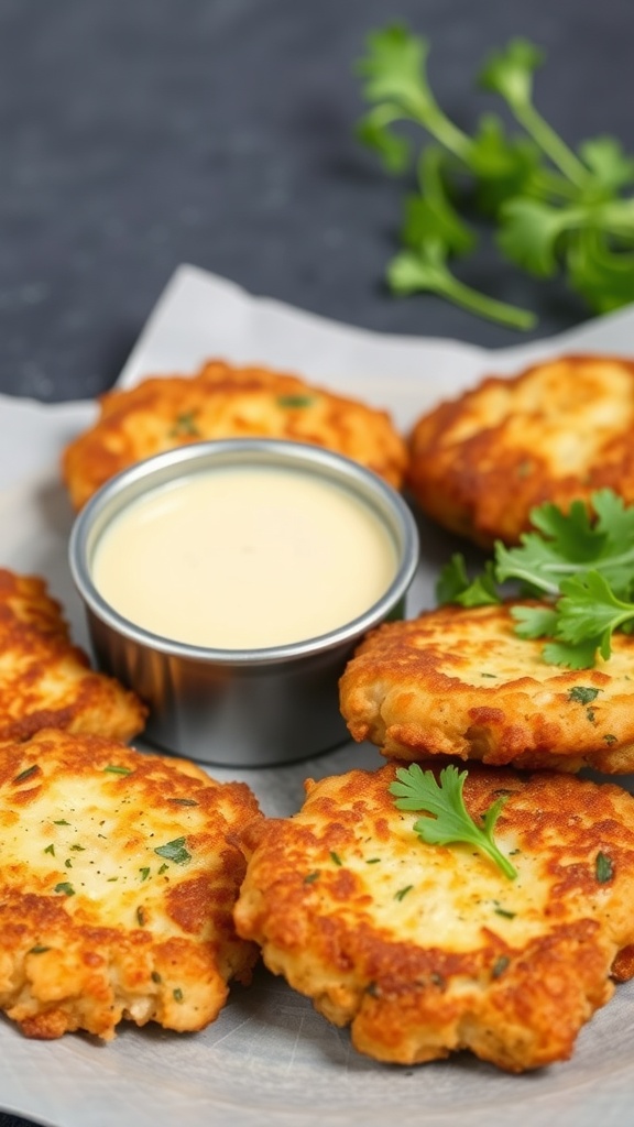 Crispy chicken fritters served with a dipping sauce and garnished with cilantro.