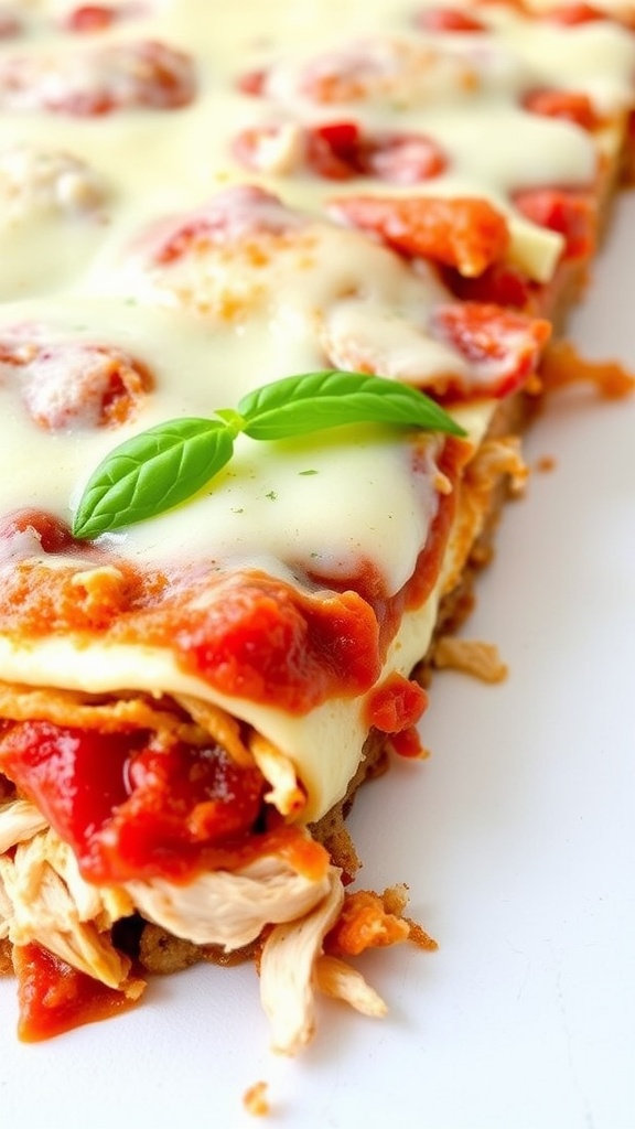 A slice of Keto Chicken Lasagna Casserole topped with fresh basil and melted cheese