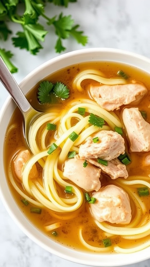A bowl of chicken noodle soup with chicken pieces and noodles garnished with cilantro