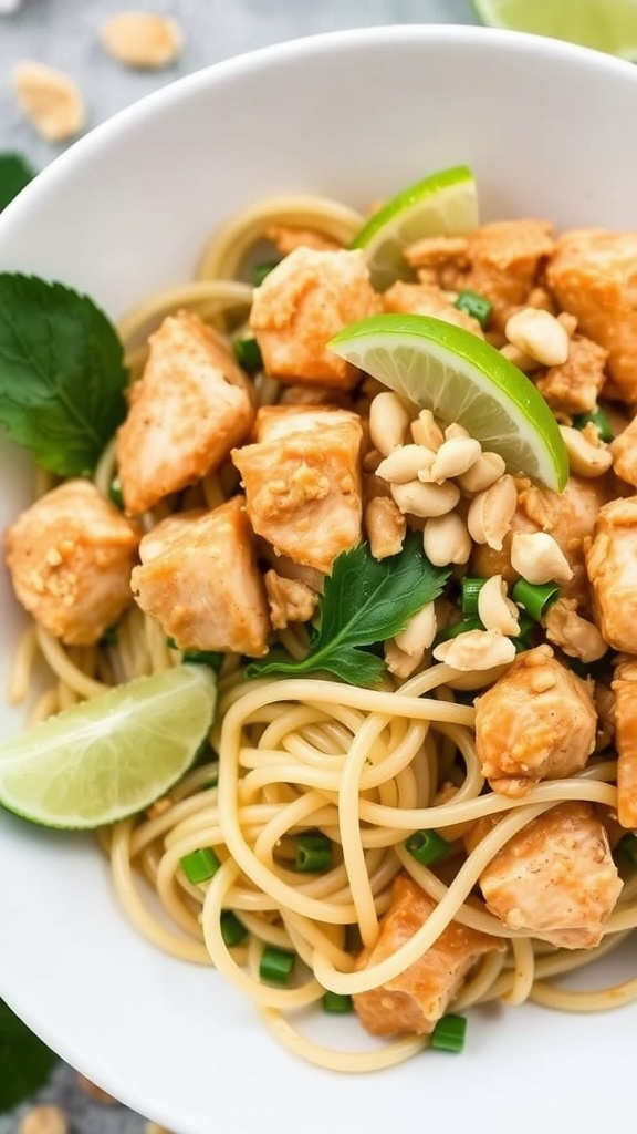 A bowl of Keto Chicken Pad Thai with chicken pieces, peanuts, and lime slices