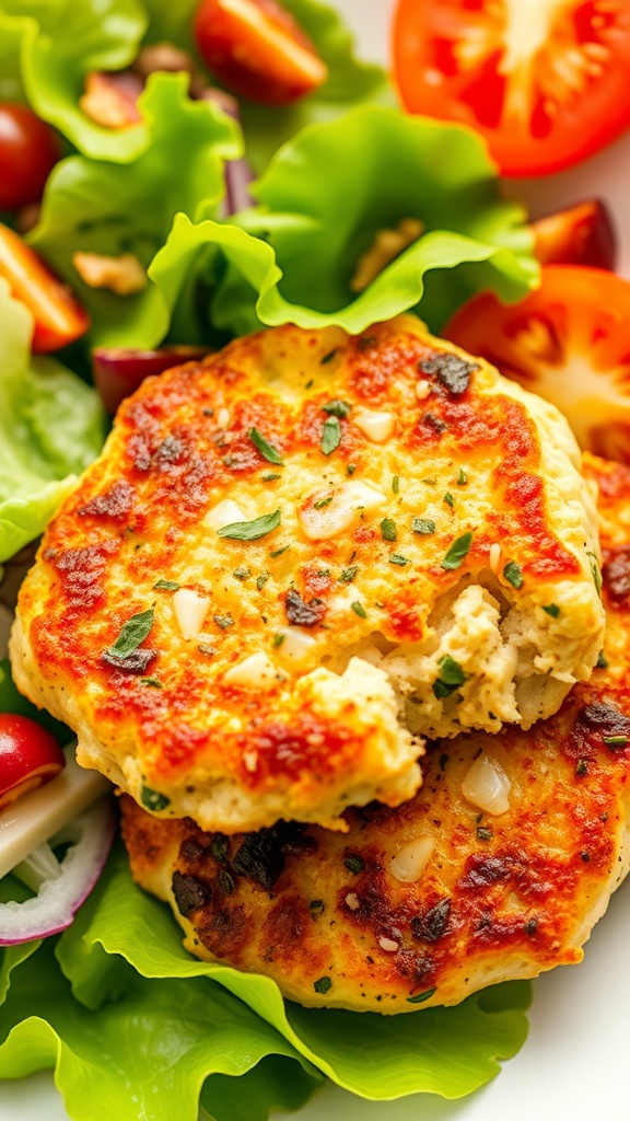 Plate of golden-brown chicken patties with herbs, lemon, and a creamy dip
