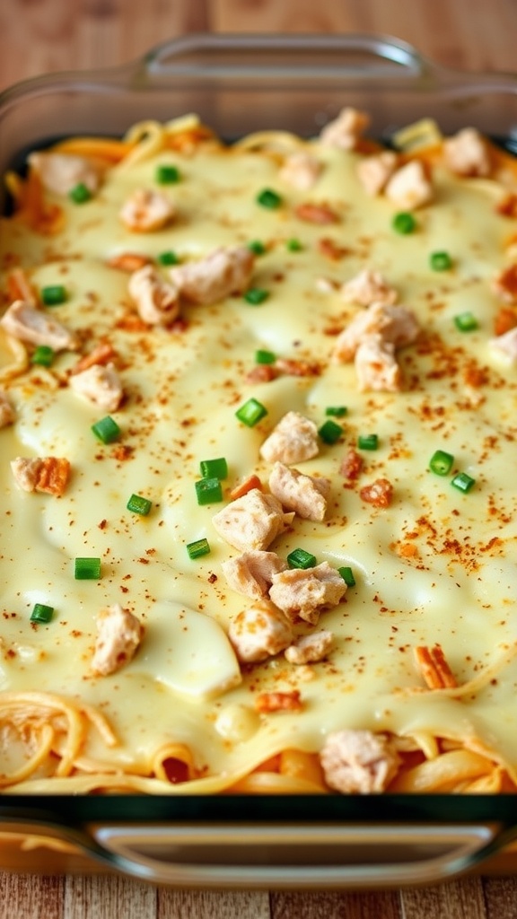 A delicious Keto Chicken Taco Casserole topped with green onions and spices, ready to be served.