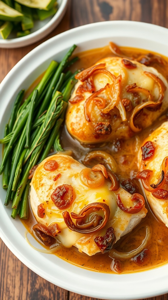 Keto French Onion Chicken with green beans on a plate