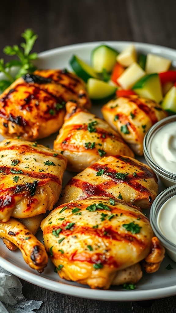 Grilled Keto Greek chicken served with colorful vegetables and a yogurt dip on the side.
