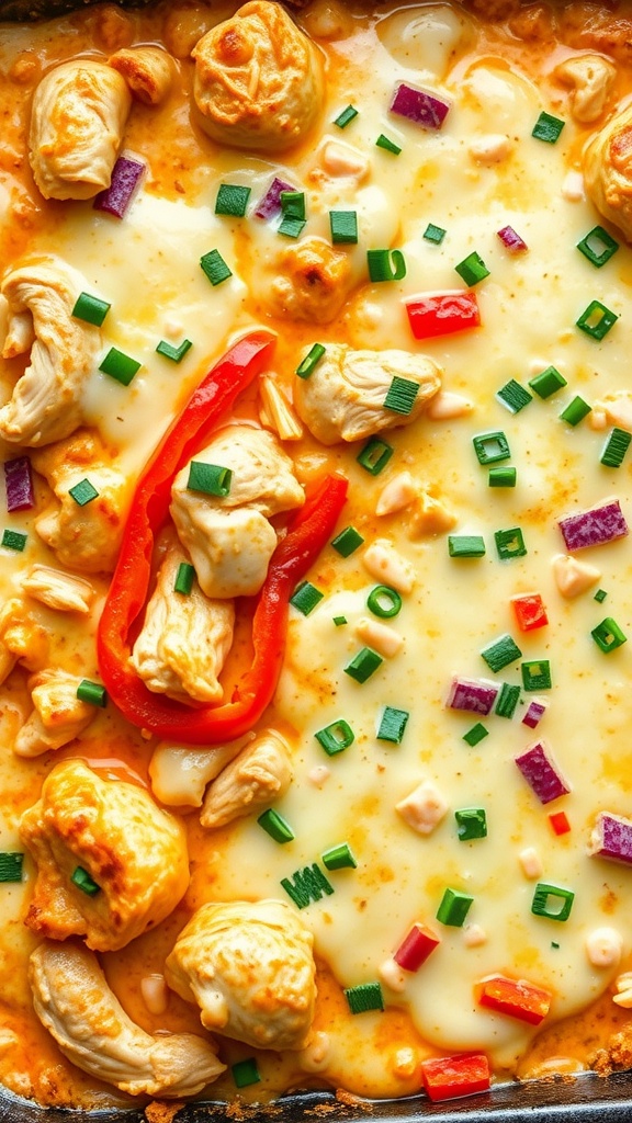 A delicious Keto King Ranch Chicken Casserole topped with green onions and red bell pepper.