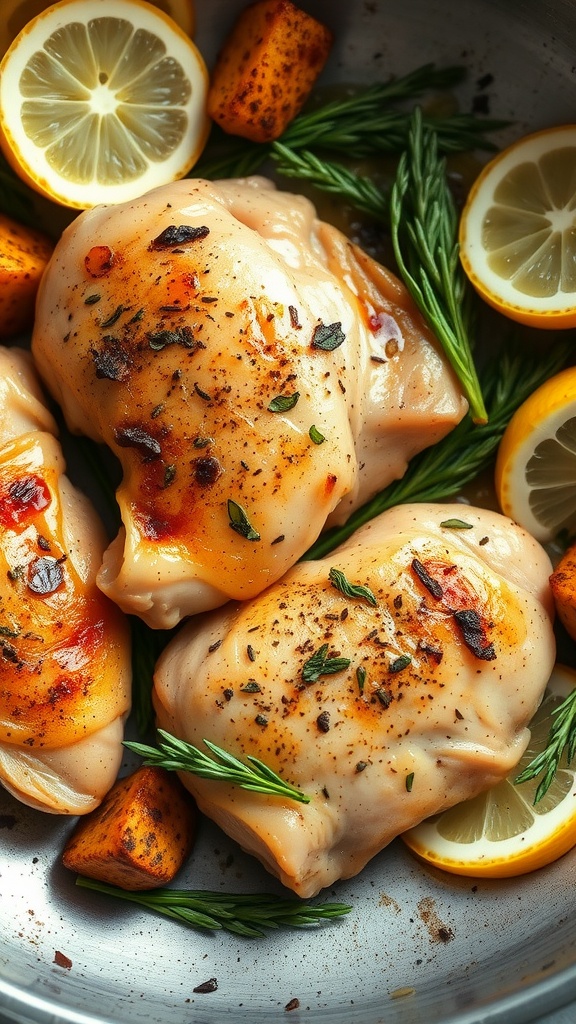 Delicious Keto Lemon Pepper Chicken with lemon slices and herbs