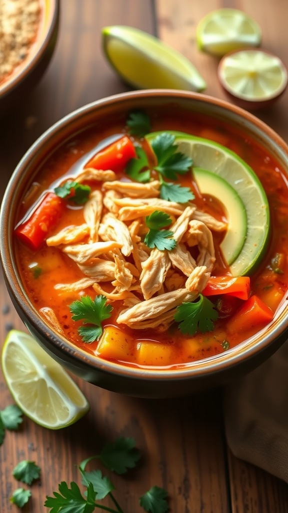 A warm bowl of Keto Mexican Chicken Soup featuring shredded chicken, lime, avocado, and fresh herbs
