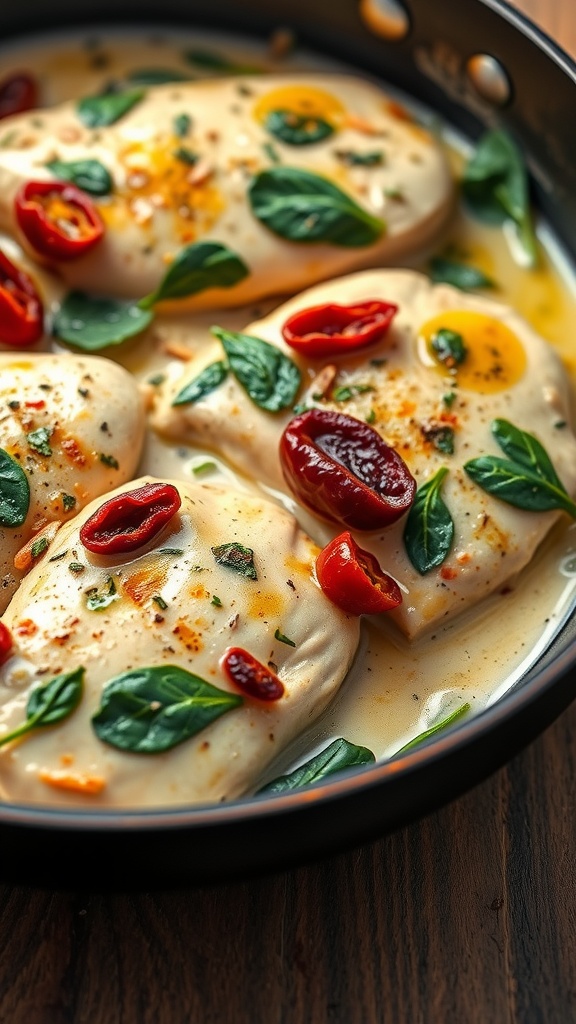 Plate of Keto Tuscan Chicken with spinach and sun-dried tomatoes