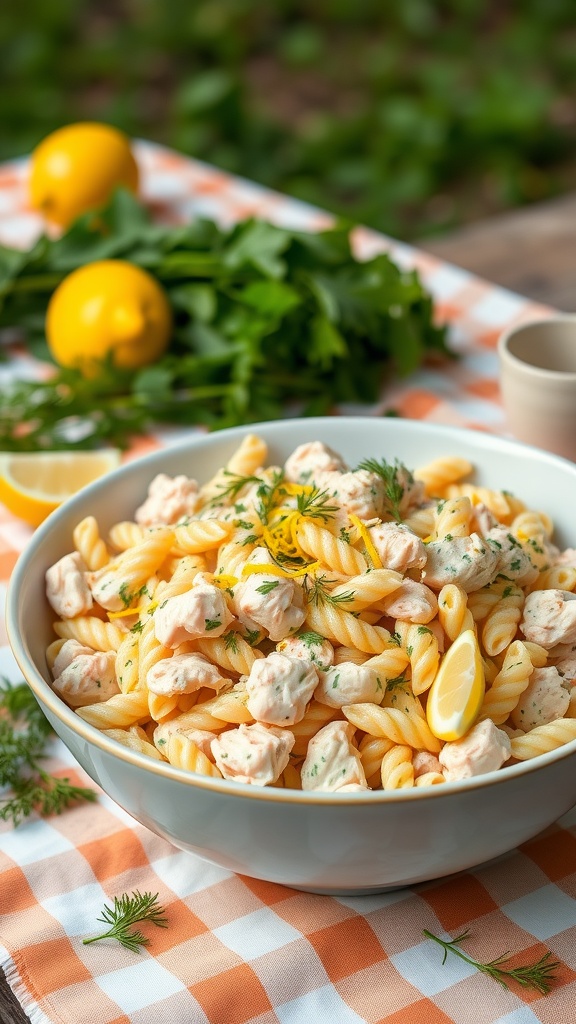 A bowl of Lemon Dill Chicken Pasta Salad with rotini pasta, diced chicken, and fresh herbs.