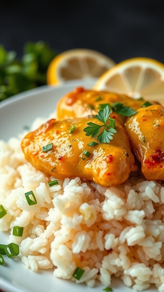 Plate of Lemon Garlic Butter Chicken served over a bed of rice with lemon slices and parsley.