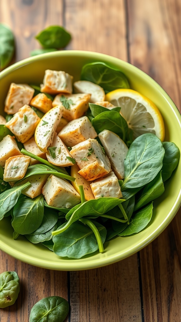 A bowl of Lemon Herb Chicken Salad with Spinach
