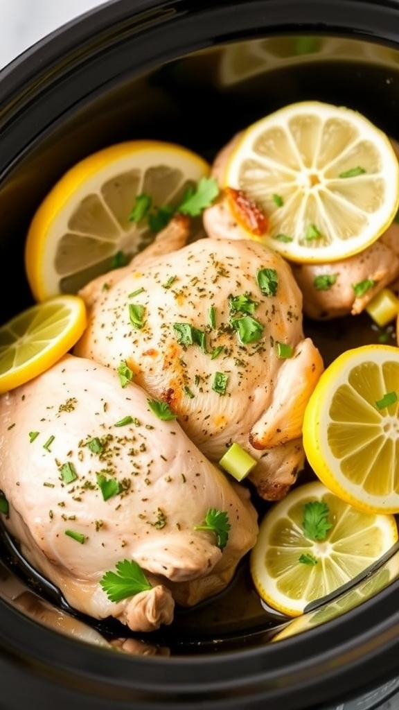 A bowl of Lemon Herb Chicken Thighs with lemon slices and herbs
