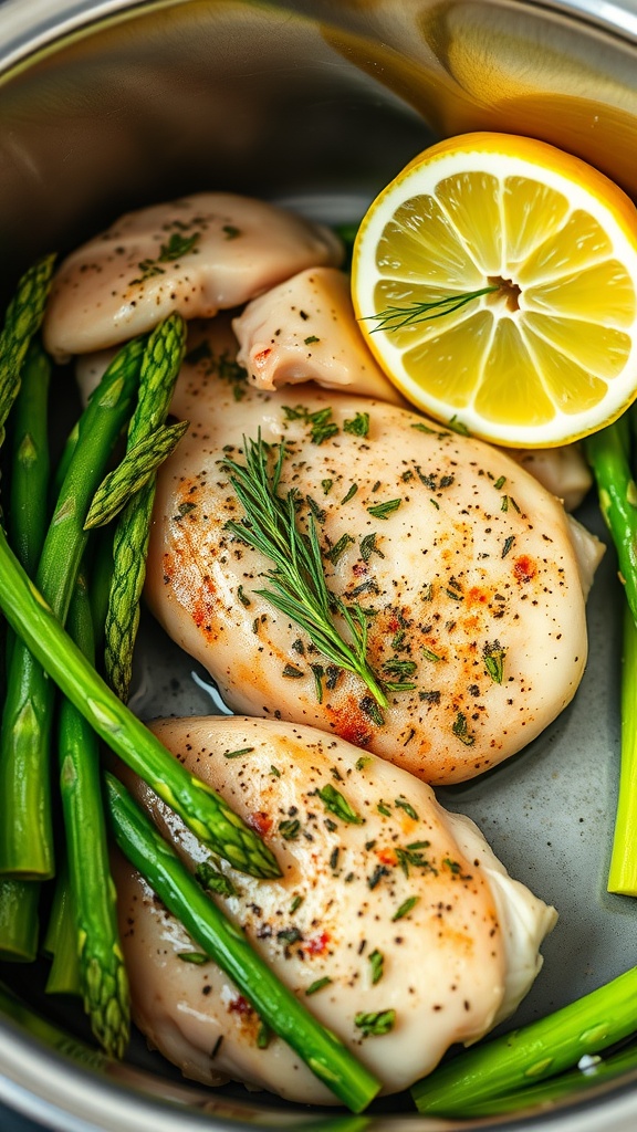 A delicious dish of lemon herb chicken with asparagus in an Instant Pot