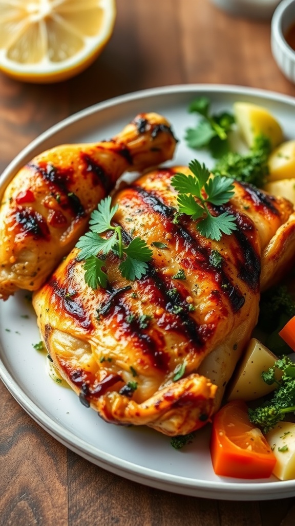 A plate of grilled chicken with herbs and lemon, served with vegetables.