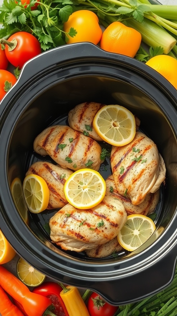 Lemon Herb Grilled Chicken in a crockpot with lemon slices on top.