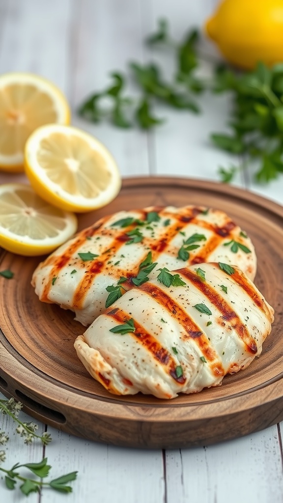 Lemon Herb Grilled Chicken breast garnished with herbs on a wooden plate.