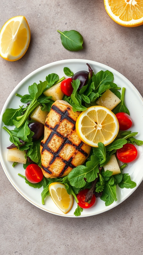 Plate of lemon herb grilled chicken served with fresh salad