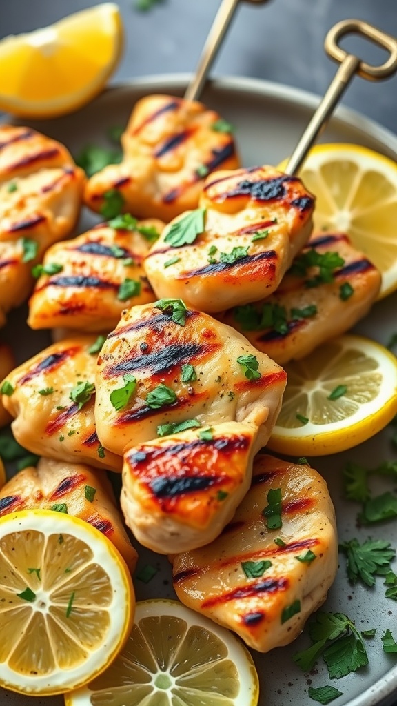 Delicious lemon herb grilled chicken skewers garnished with herbs and lemon slices