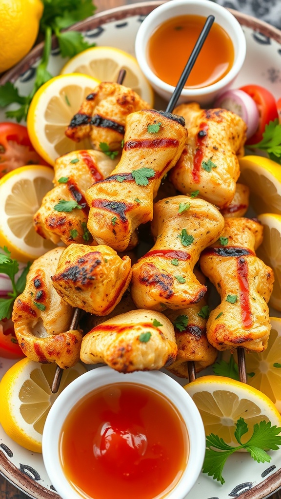 Juicy lemon herb grilled chicken skewers garnished with lemon slices and fresh herbs
