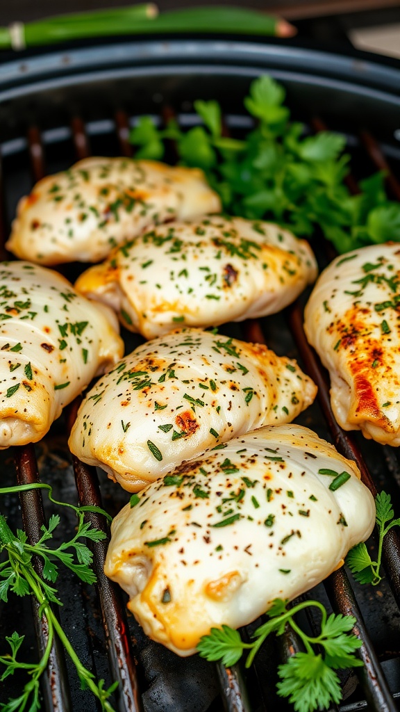 Grilled chicken thighs marinated in lemon herb marinade, garnished with herbs.