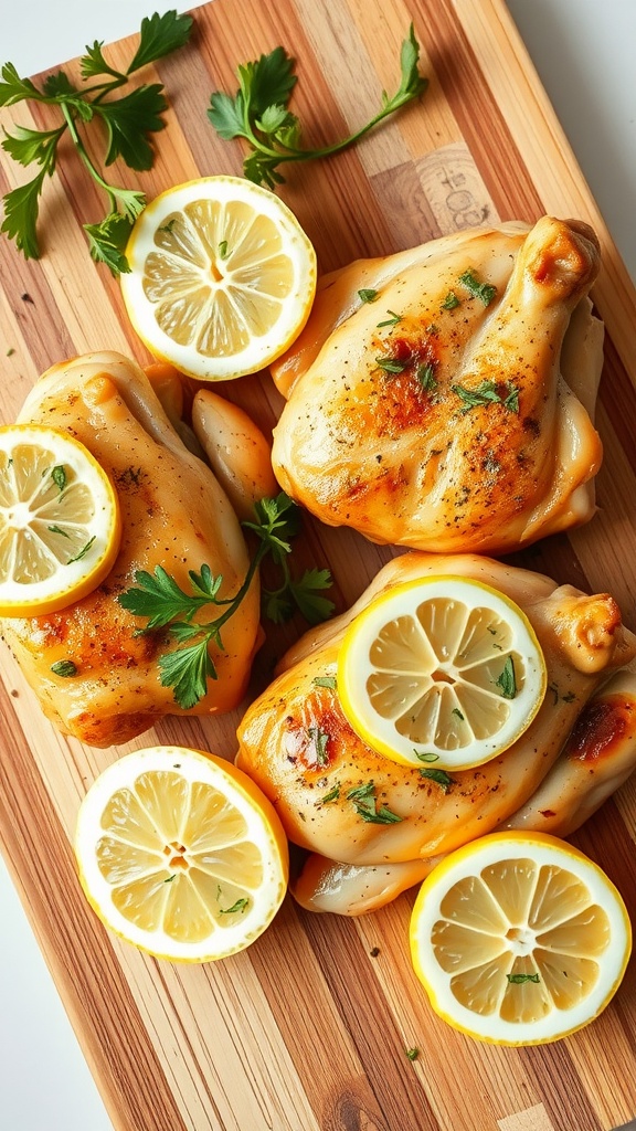 Lemon Herb Roasted Chicken Thighs on a cutting board with lemon slices and fresh herbs.
