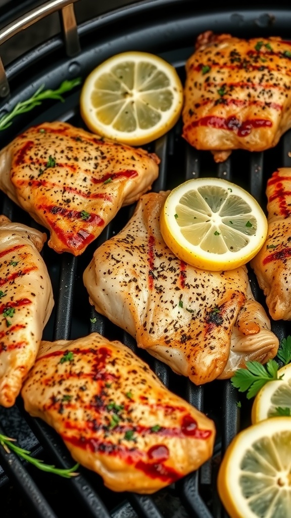 Grilled lemon pepper chicken thighs garnished with lemon slices and herbs.