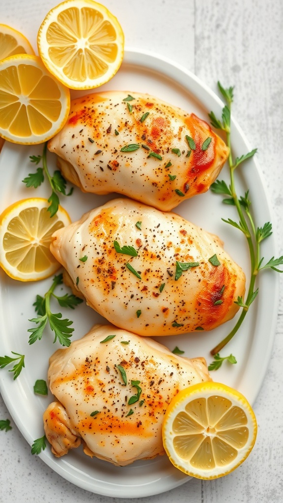 Plate of lemon pepper chicken thighs garnished with lemon slices and parsley.