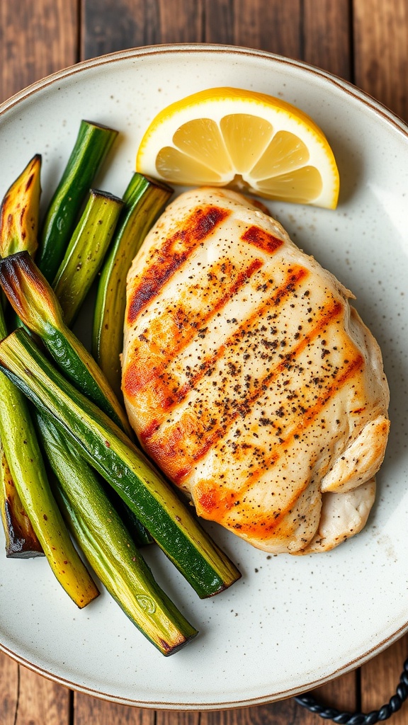 A plate of lemon pepper chicken breast served with grilled zucchini and lemon wedges.