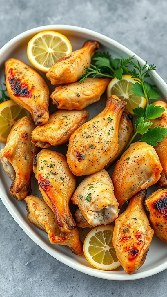 A plate of lemon pepper chicken wings garnished with lemon slices and parsley.