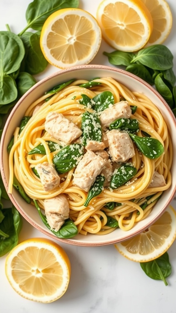 Bowl of Lemon Spinach Chicken Fettuccine with sliced lemons and spinach