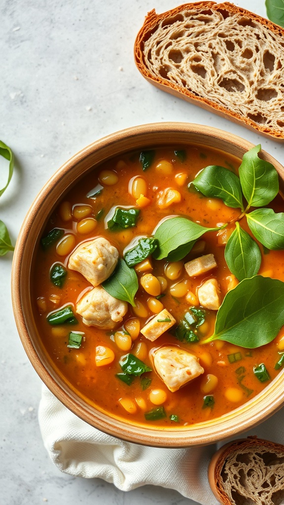 A bowl of lentil and chicken soup garnished with spinach leaves