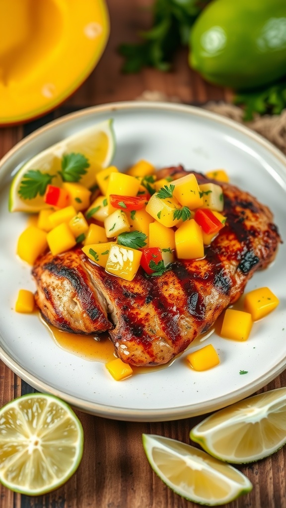 A plate of grilled chicken topped with mango salsa and lime wedges