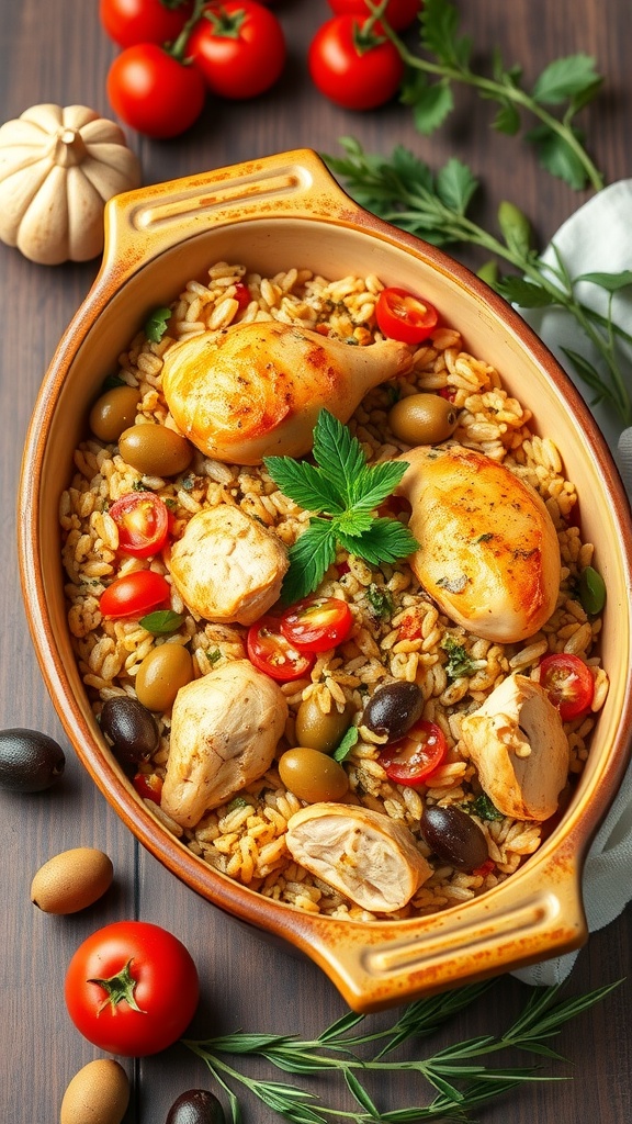 A Mediterranean Chicken and Rice Bake served in a casserole dish with tomatoes and olives.