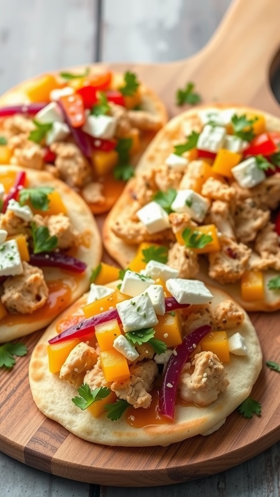 Mediterranean chicken flatbreads topped with vegetables and feta cheese