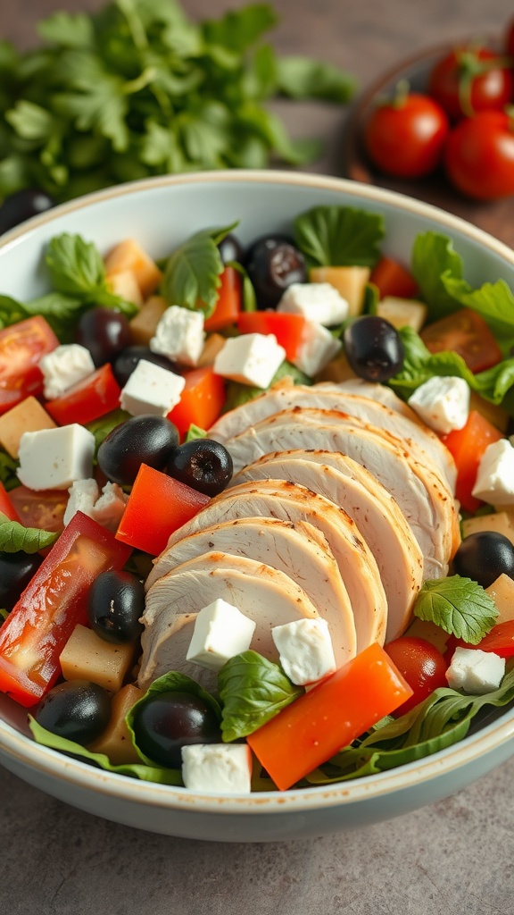 A colorful Mediterranean chicken salad with sliced rotisserie chicken, olives, tomatoes, and feta cheese.