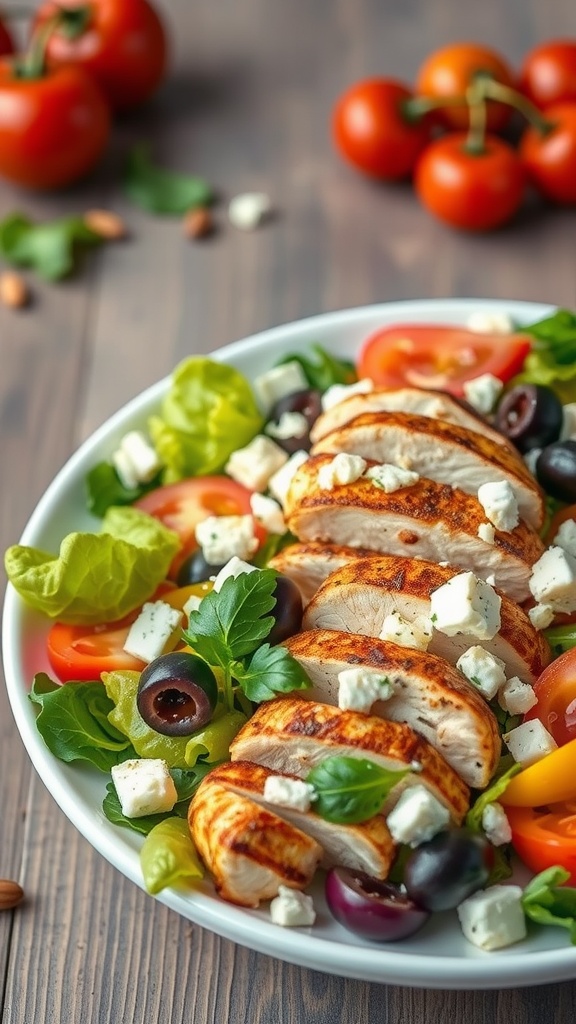 A colorful Mediterranean chicken salad with grilled chicken, feta cheese, and fresh vegetables.