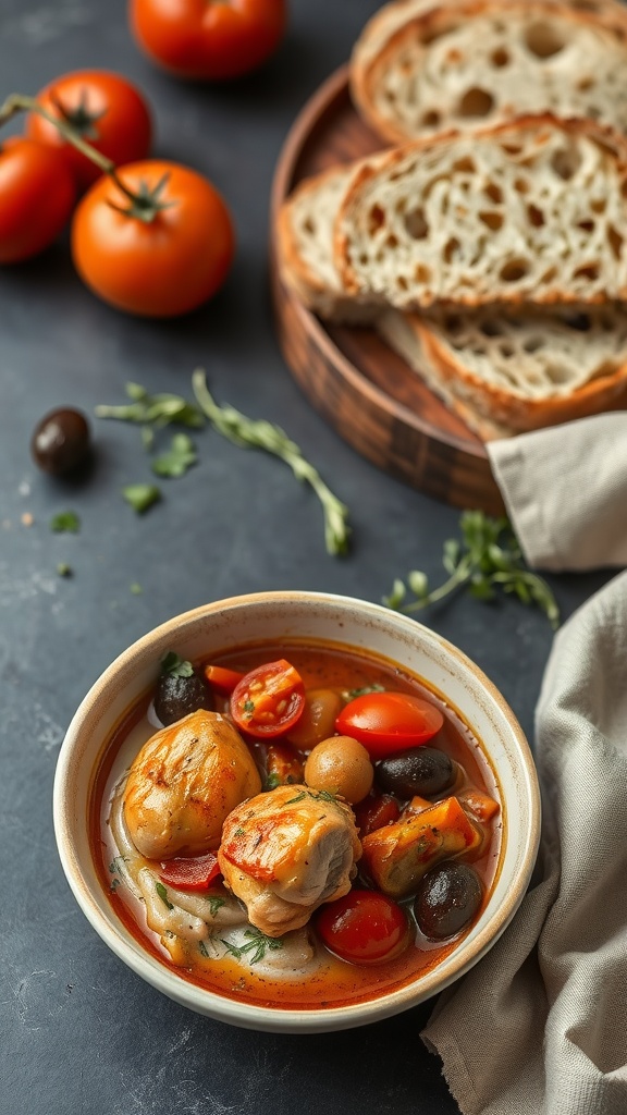 A bowl of Mediterranean chicken thigh stew with cherry tomatoes, olives, and bell peppers