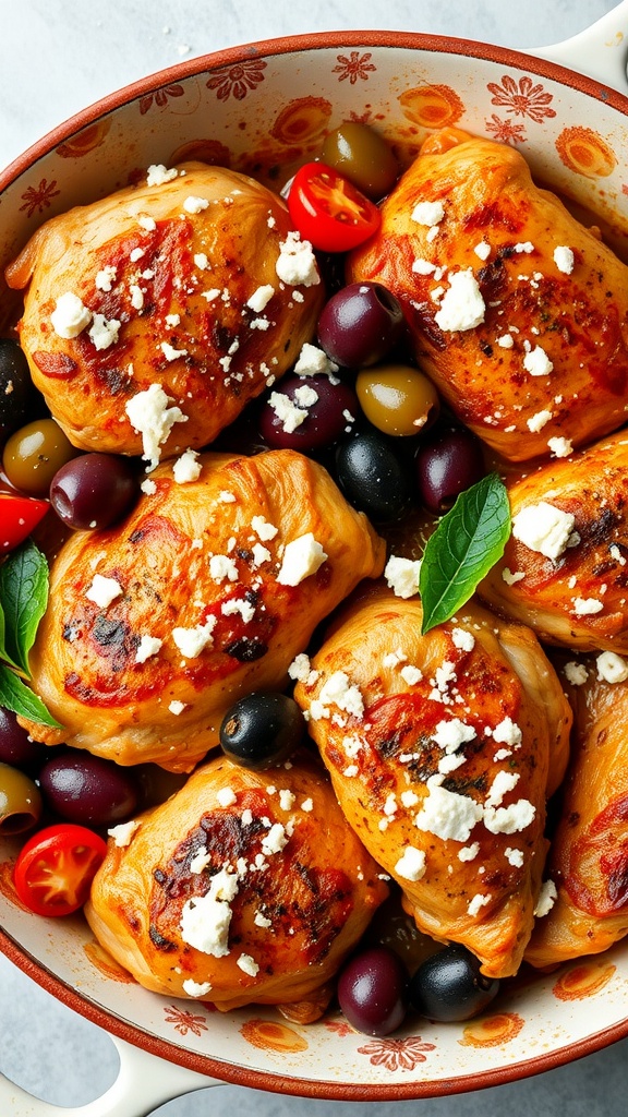 A bowl of Mediterranean chicken thighs with olives, tomatoes, and feta cheese