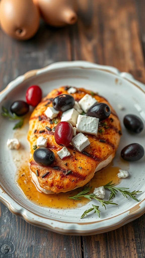 A plate of Mediterranean chicken topped with feta cheese and olives.