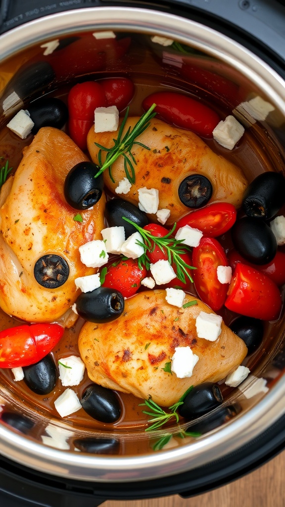 A bowl of Mediterranean chicken with olives, tomatoes, and feta cheese