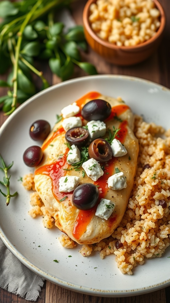 Plate of Mediterranean Chicken with Olives served with couscous and garnished with feta and parsley.