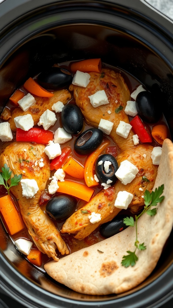 A bowl of Mediterranean Chicken with Olives and Feta in a crockpot, featuring colorful vegetables and garnished with parsley.