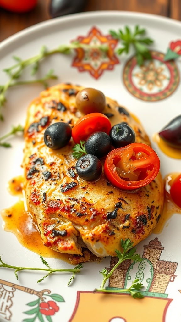 Juicy Mediterranean chicken breast topped with olives and cherry tomatoes.