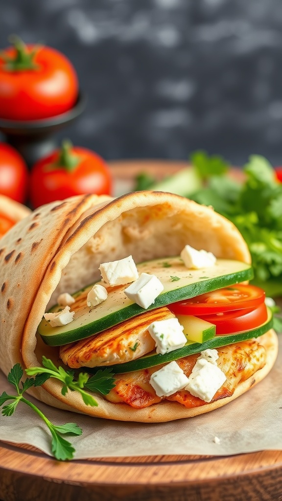 A Mediterranean grilled chicken pita filled with vegetables and feta cheese.